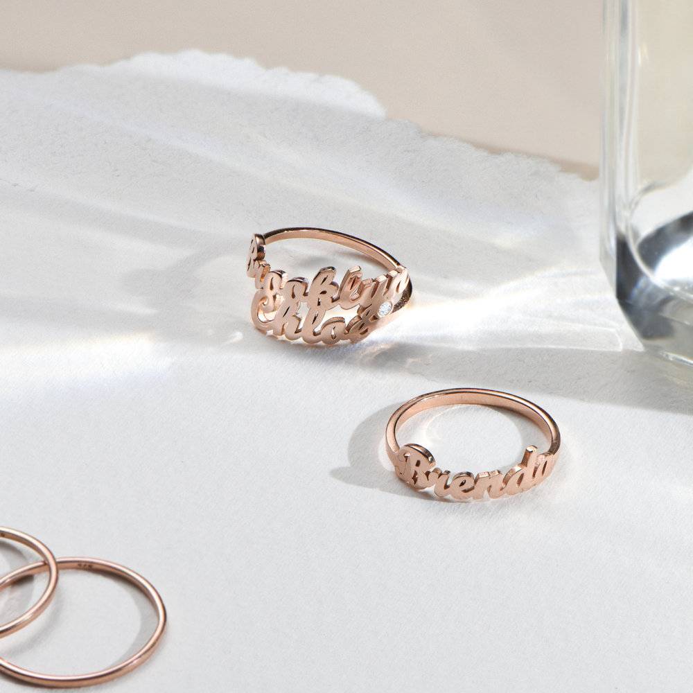 Script Dubbele Naam Ring met Diamant in 18K Rosé Verguld Goud-4 Productfoto