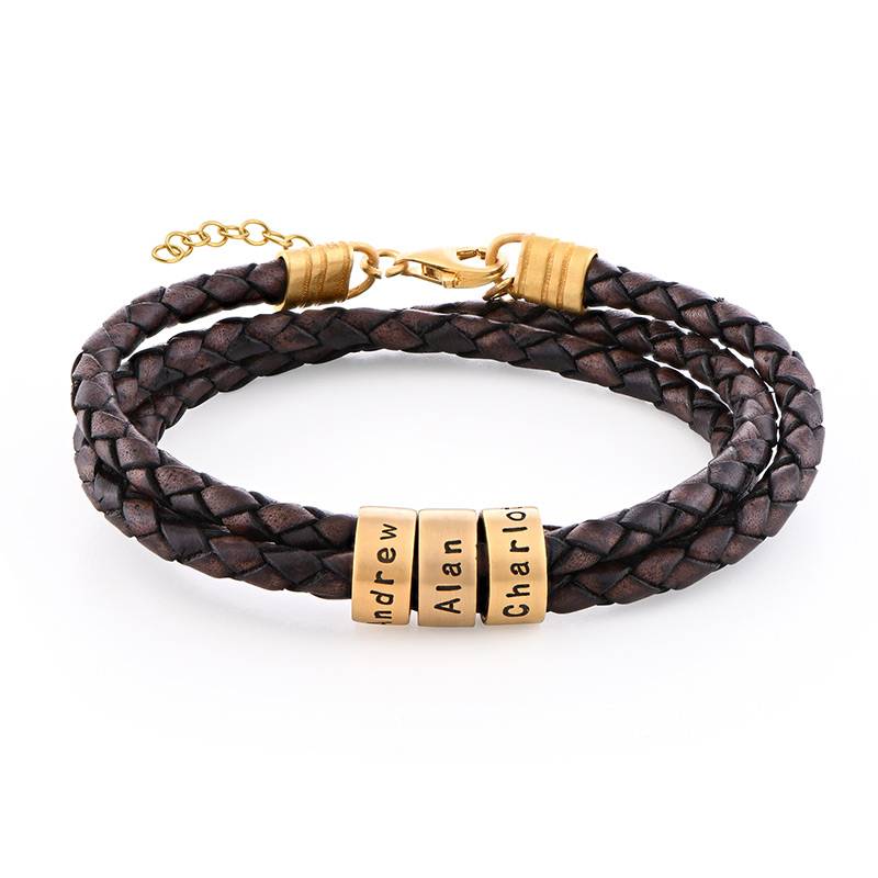 Women Braided Brown Leather Bracelet with Custom Beads in Gold Plating product photo
