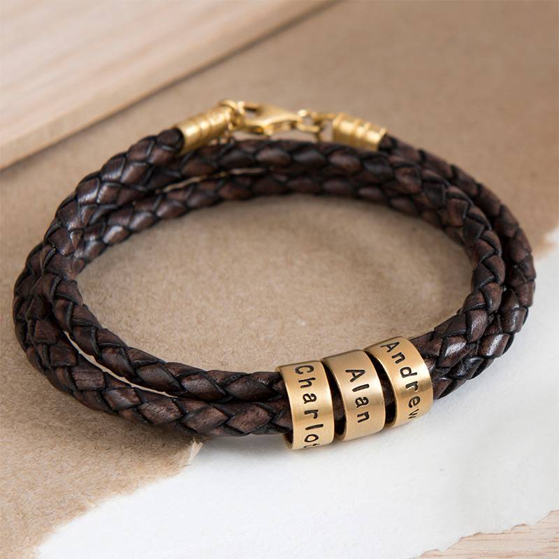 Women Braided Brown Leather Bracelet with Small Custom Beads in 18ct Gold Plating-5 product photo