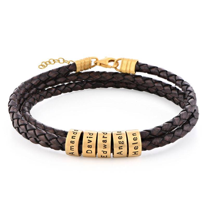 Women Braided Brown Leather Bracelet with Small Custom Beads in 18ct Gold Vermeil product photo