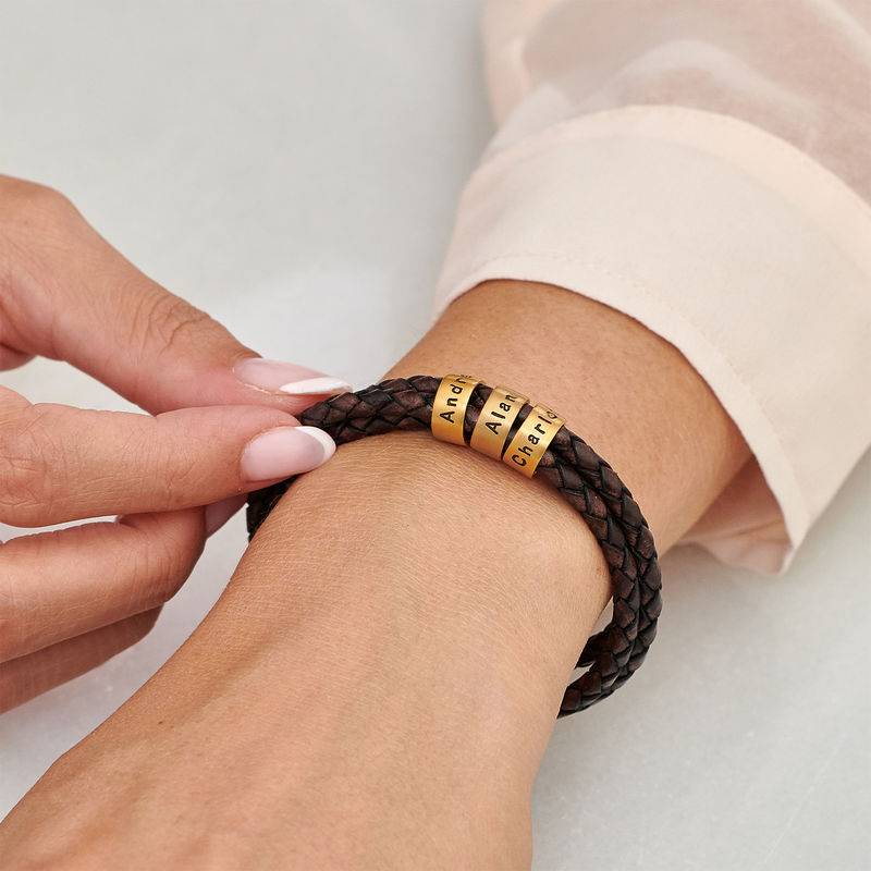 Women Braided Brown Leather Bracelet with Small Custom Beads in 18ct Gold Vermeil-4 product photo