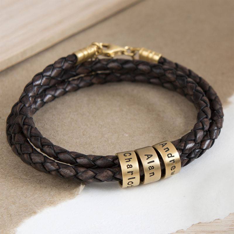 Women Braided Brown Leather Bracelet with Small Custom Beads in 18k Gold Vermeil product photo