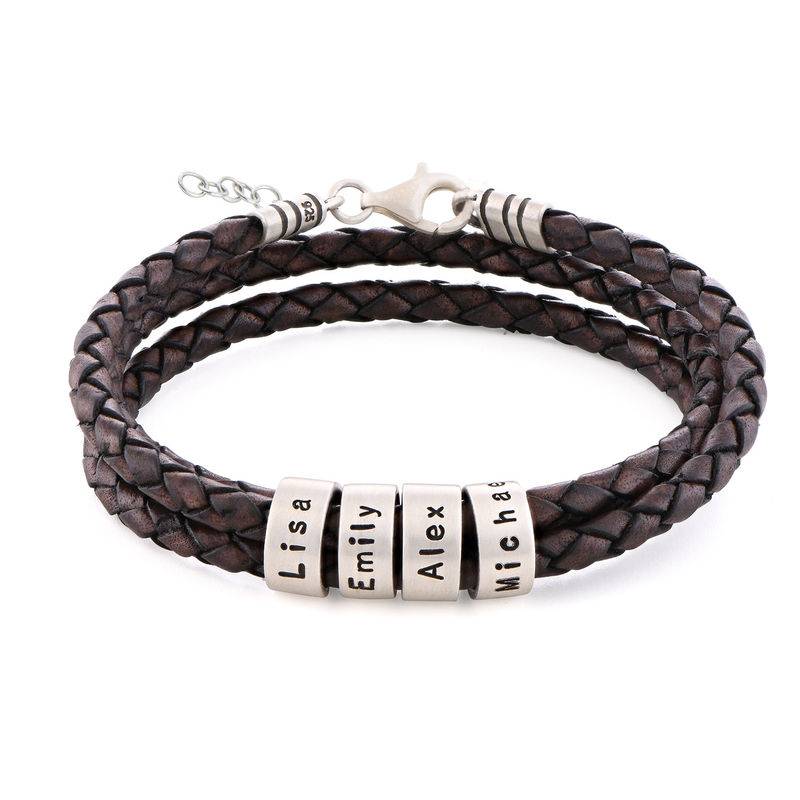 Women Braided Brown Leather Bracelet with Small Custom Beads in Silver