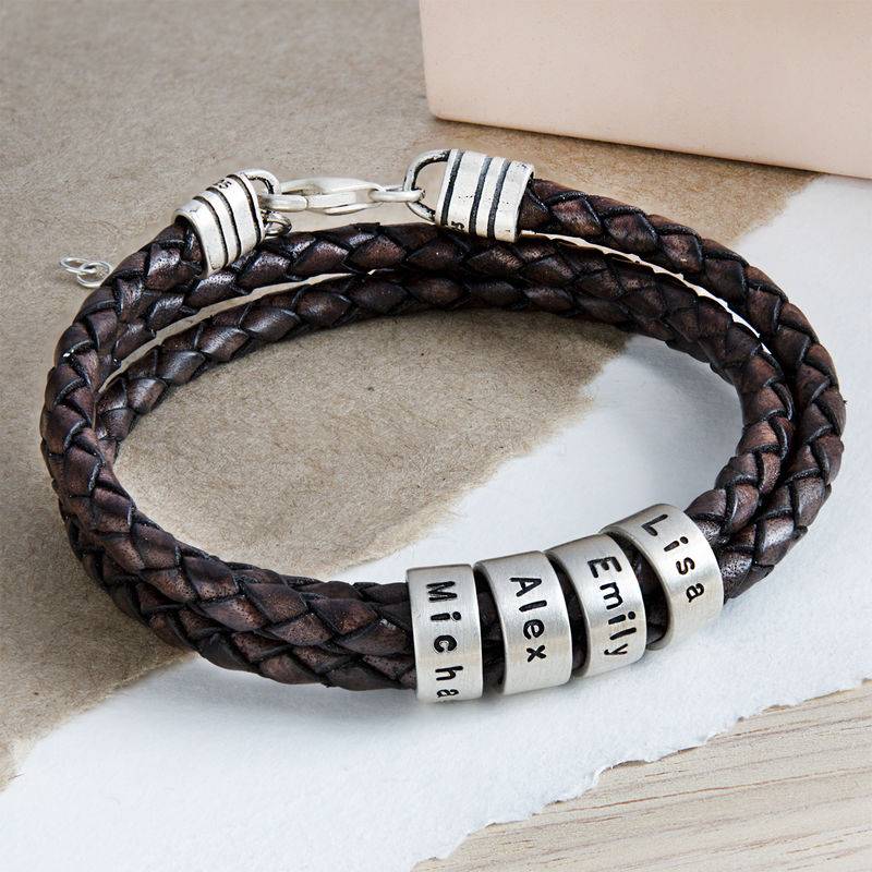 Women Braided Brown Leather Bracelet with Small Custom Beads in Silver product photo