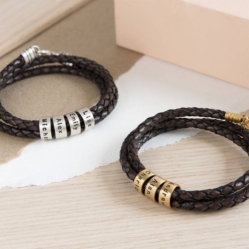 Women Braided Brown Leather Bracelet with Small Custom Beads in Sterling Silver-3 product photo