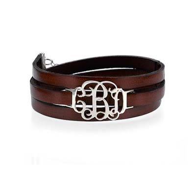 Leather Bracelet with Monogram Pendant in Sterling Silver-3 product photo