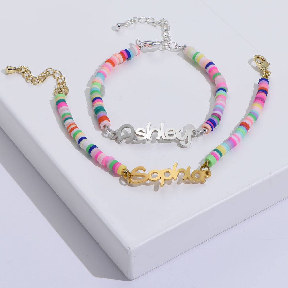 Rainbow Bead Girls Name Bracelet in Gold Plating