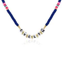 Royal Blue Custom Beaded Name Necklace in Gold Plating product photo