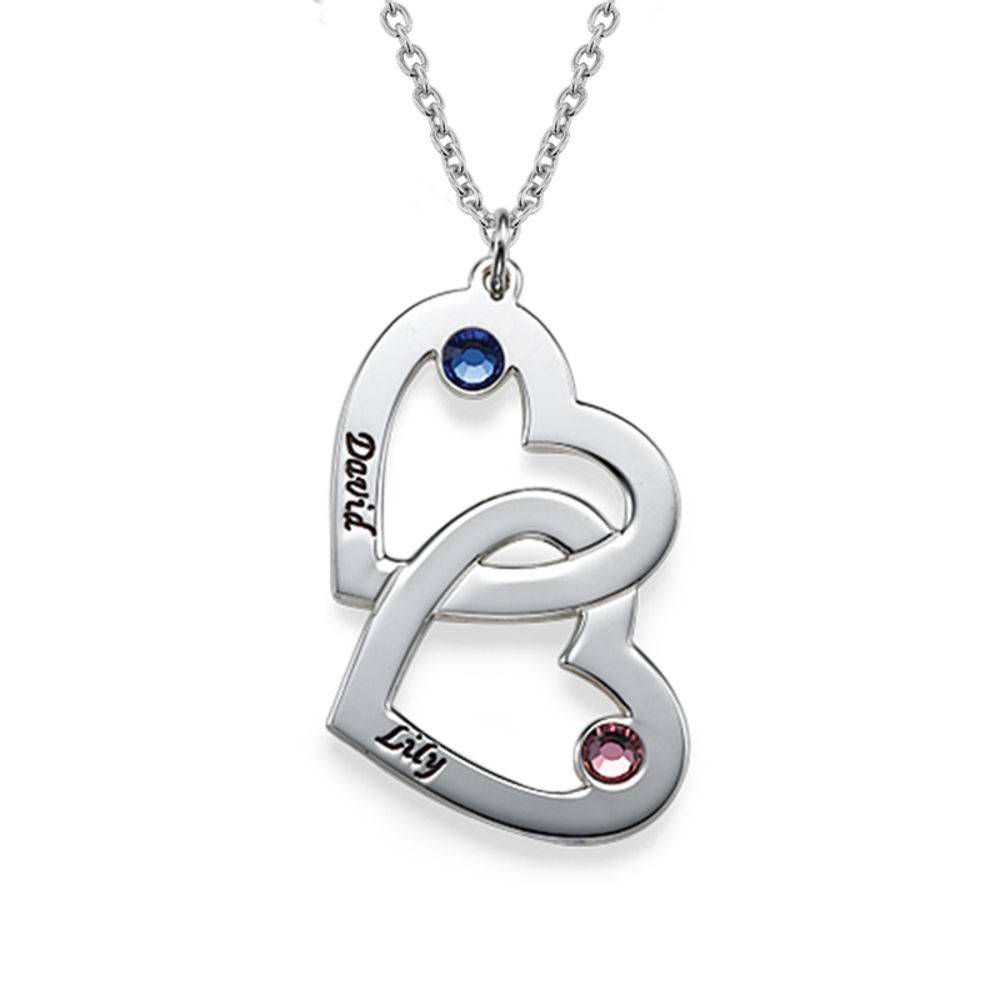 Engraved Heart Necklace with Birthstones in Sterling Silver