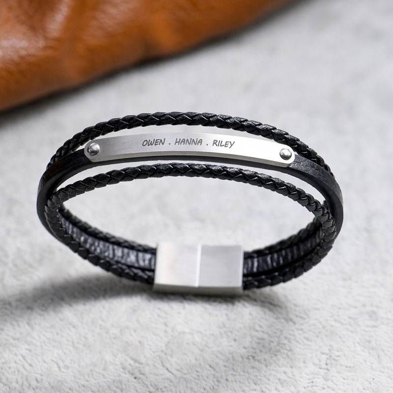 Stacked Black Leather Bracelets with an Engraved Bar