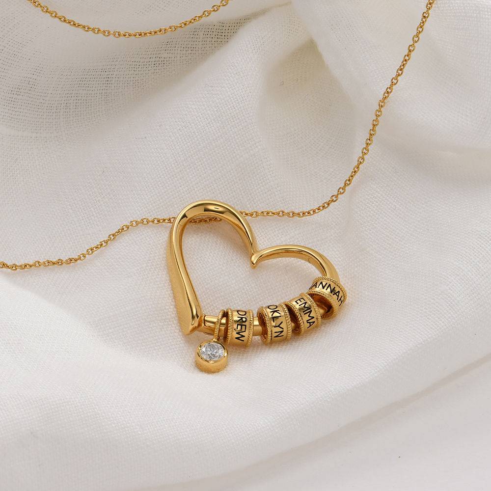 Charming Heart Necklace with Engraved Beads in Gold Vermeil with 0.10 ct Diamond
