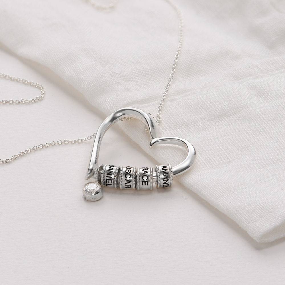 Charming Heart Necklace with Engraved Beads in Sterling Silver with 0.10 ct Diamond
