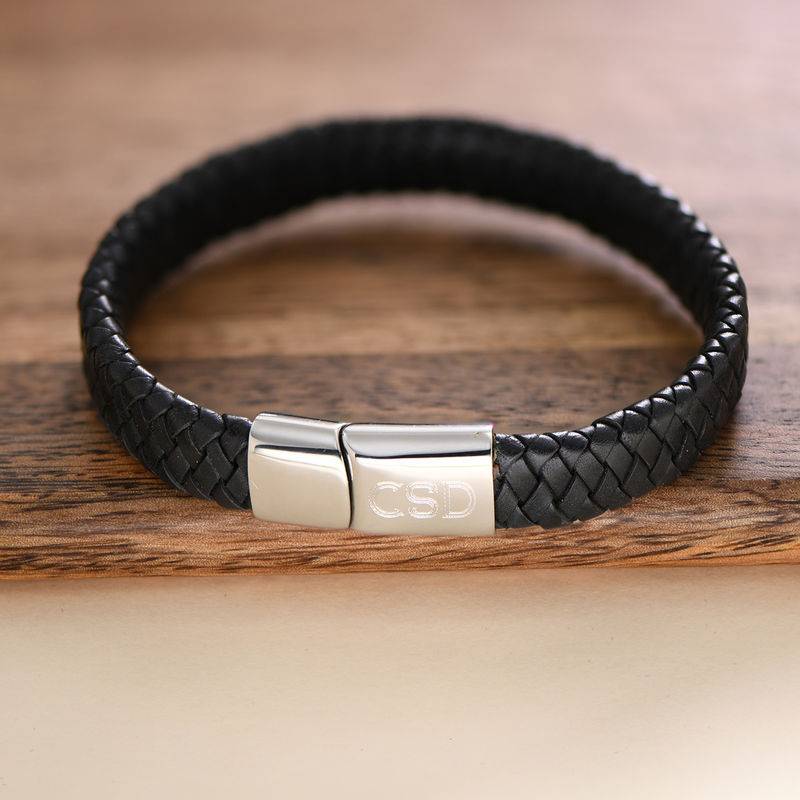 Thick Woven Black Leather Initials Bracelet for Men