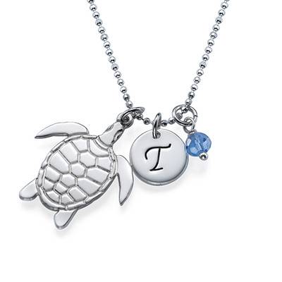 Turtle Necklace with Initial and Birthstone