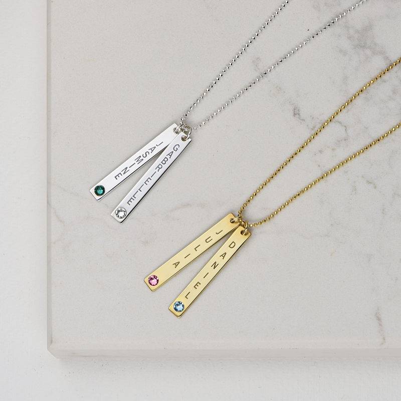 Vertical Sterling Silver Bar Necklace with Birthstone Crystal