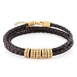Women Braided Brown Leather Bracelet with Small Custom Beads in 18k product photo