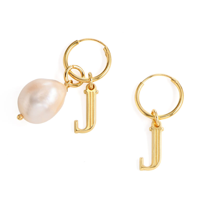 Boucles d'Oreilles avec Initiale et Perle Baroque en Plaqué Or 18cts