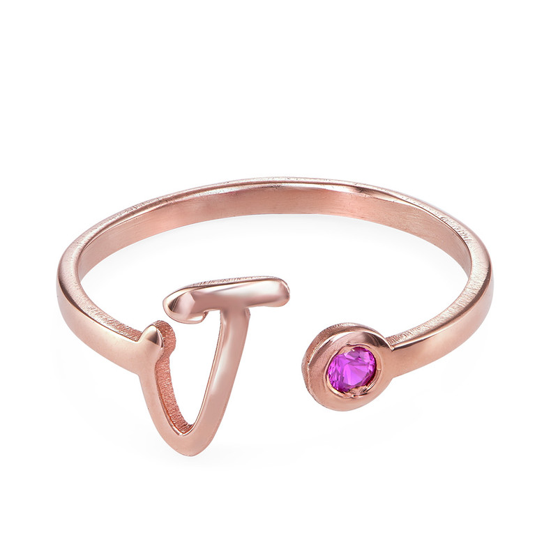 18K Rose Gold Plated Open Initial Birthstone Ring - 1 product photo