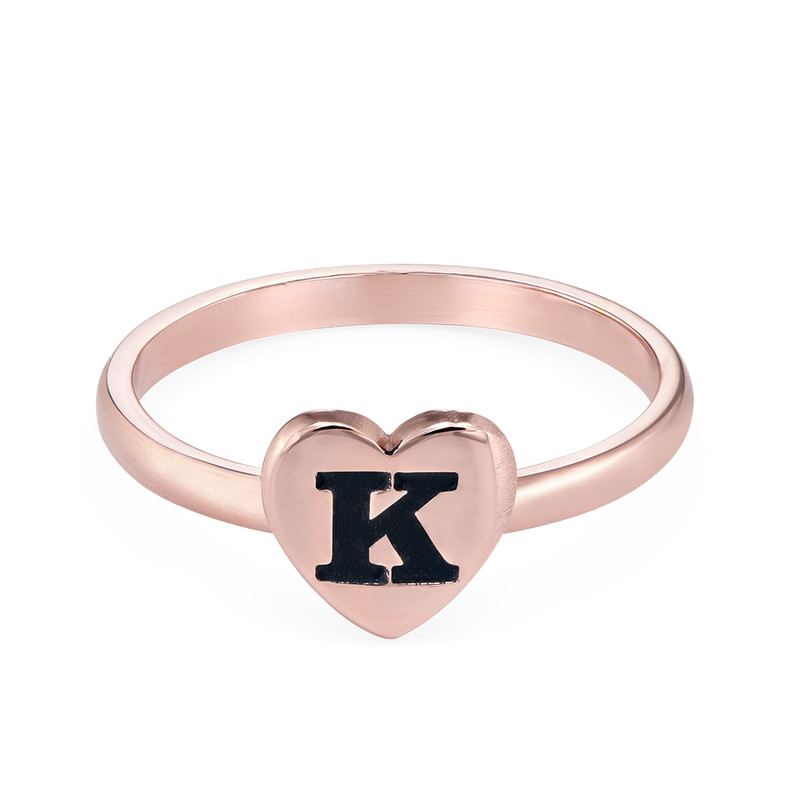 18K Rose Gold Plated Heart Initial Stacking Ring - 1