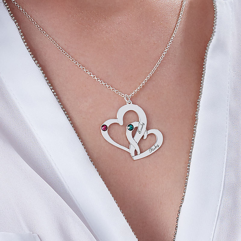 925 Sterling Silver Personalised Engrave Necklace Double Heart with Engraving Two Names—Double Heart Pendant Necklace for Couple Twins Girlfriend