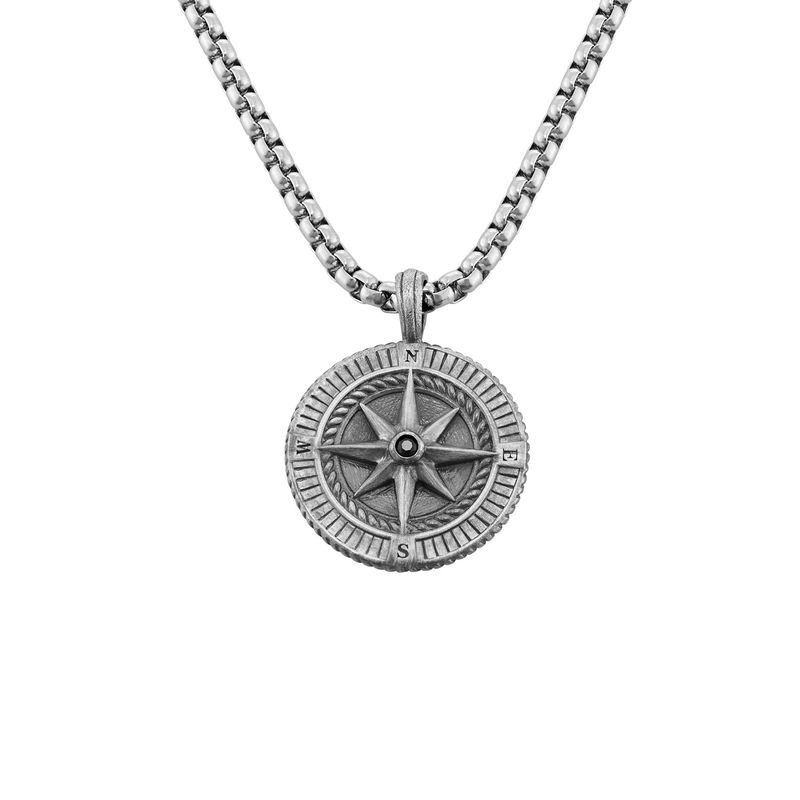 Engraved Compass Pendant Necklace for Men in Sterling Silver