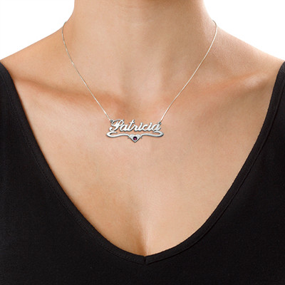 Silver Middle Heart Birthstone Name Necklace - 1