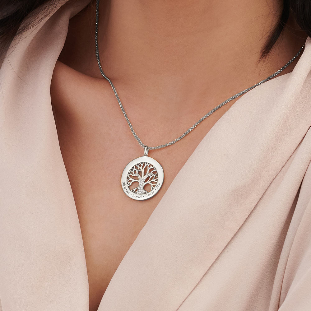 Family Tree Circle Necklace with Cubic Zirconia in Sterling Silver - 3 product photo