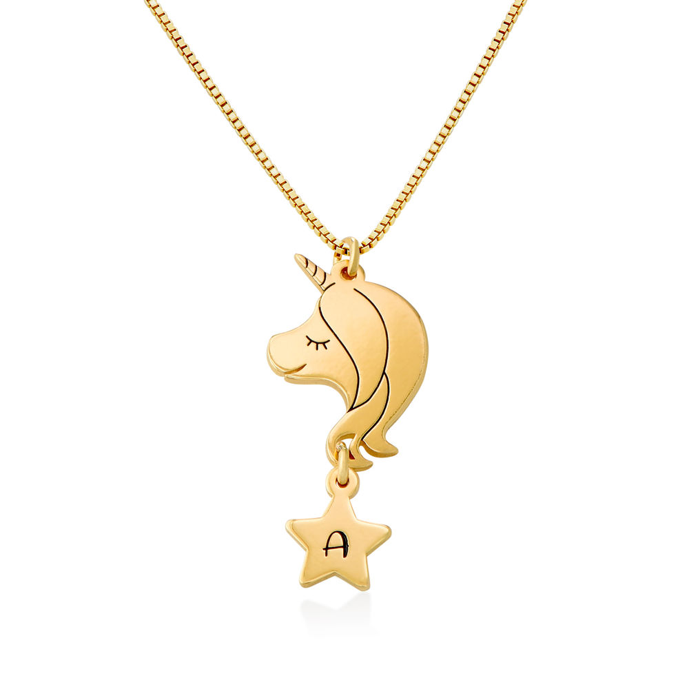 Little girls unicorn necklace in 24K gold plated pewter on a 14 stainless steel cable chain with two inch extender Initial necklace 