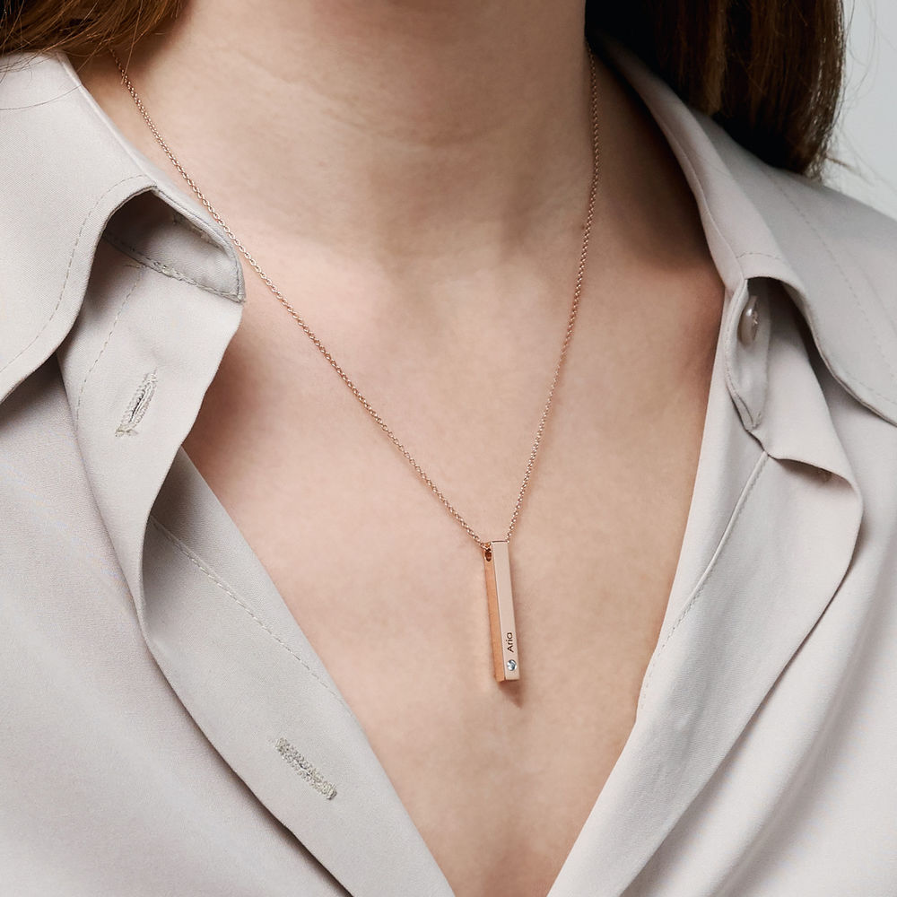 Personalized Vertical 3D Bar Necklace with Birthstones in 18k Rose Gold Plating - 2 product photo