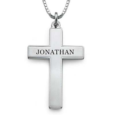 Men's Engraved Cross Necklace in Sterling Silver