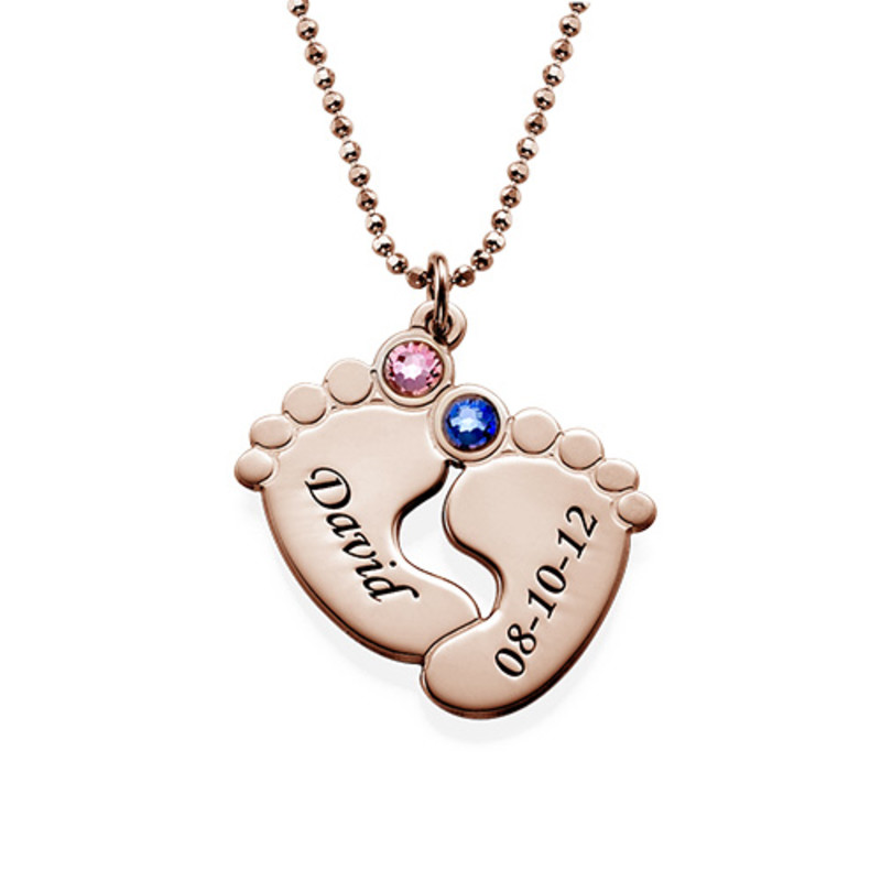 Personalized Baby Feet Necklace with Birthstones - Rose Gold Plated