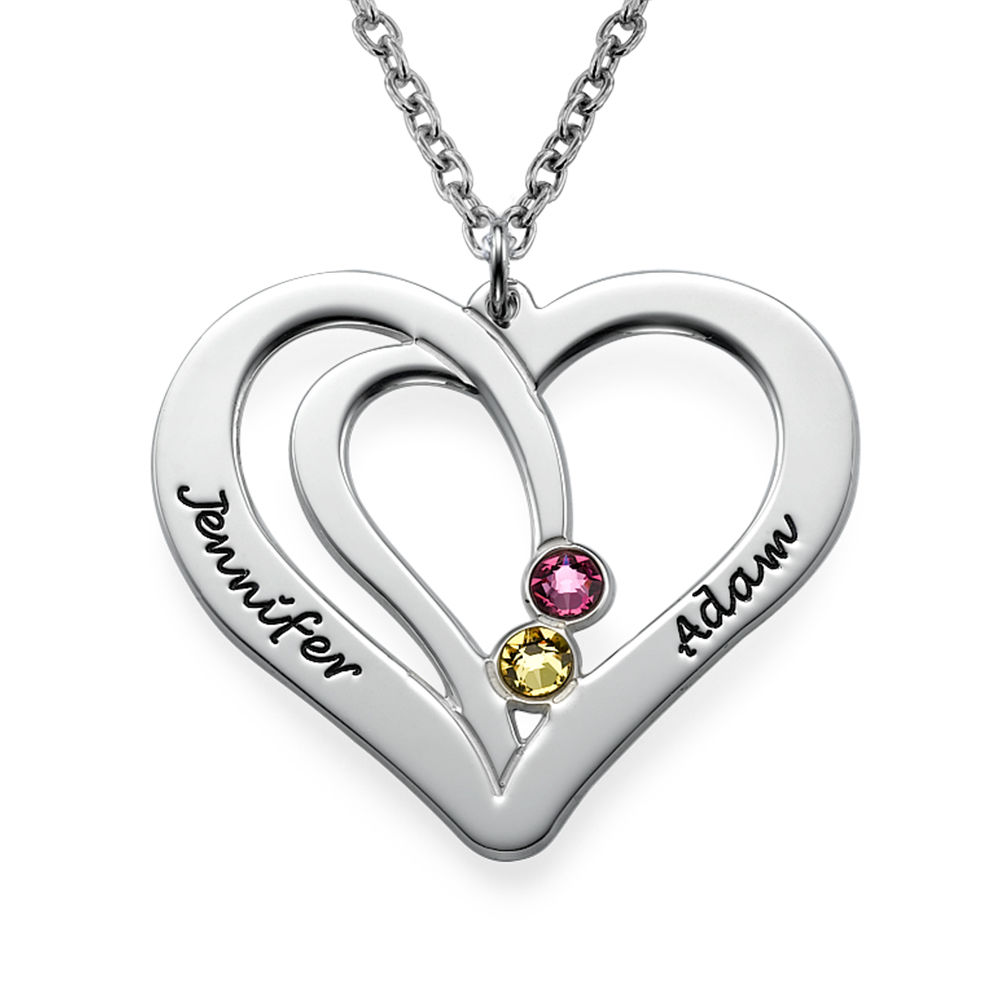 Engraved Couples Birthstone Necklace in Sterling Silver