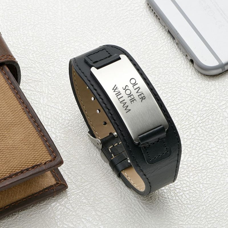 Personalized Black Leather Cuff Bracelet for Men - 5 product photo