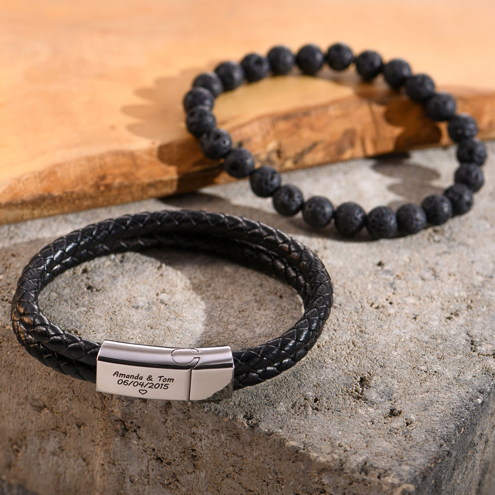 Engraved Bracelet for Men in Stainless Steel and Black Leather - 3 product photo