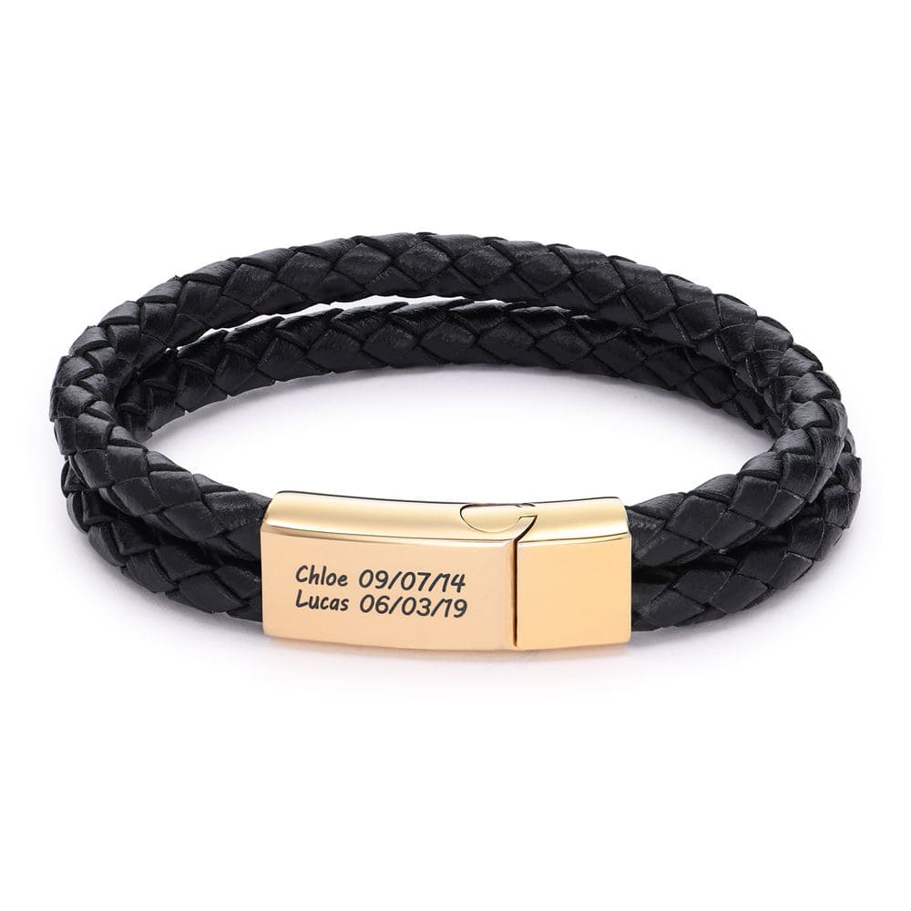 Engraved Bracelet for Men in Black Leather and Gold Plating product photo