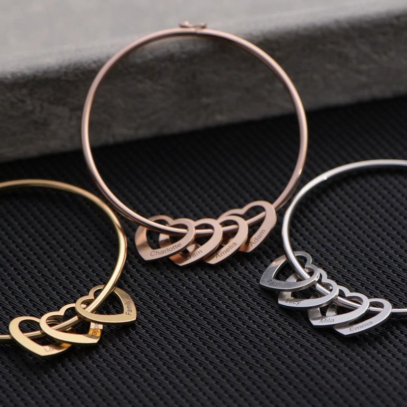 Bangle Bracelet with Heart Shape Pendants in Rose Gold Plating - 2 product photo