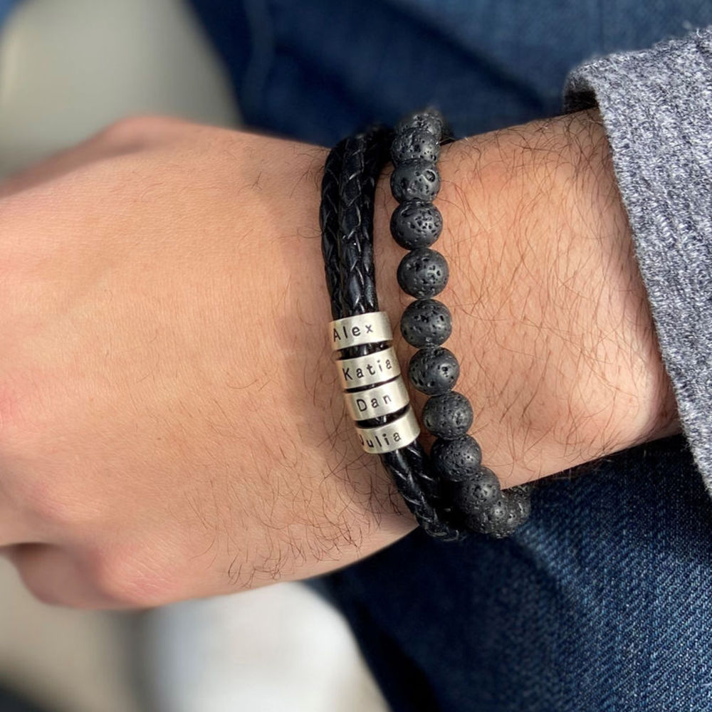 Men's Braided Leather Bracelet with Small Custom Beads in Silver - 3 product photo