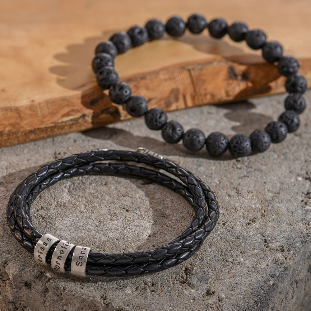Men's Braided Leather Bracelet with Small Custom Beads in Silver - 4