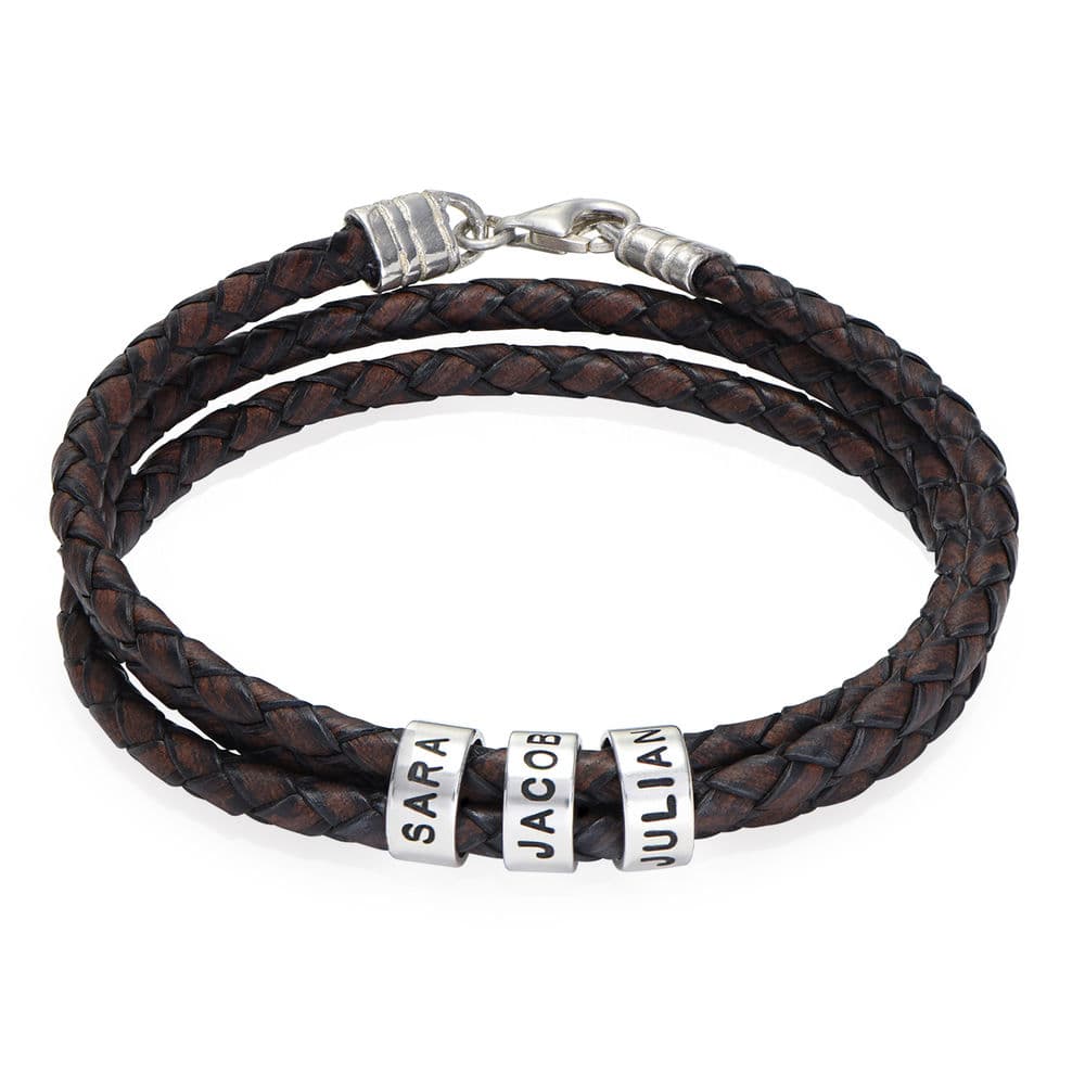Men Braided Brown Leather Bracelet with Small Custom Beads in Silver