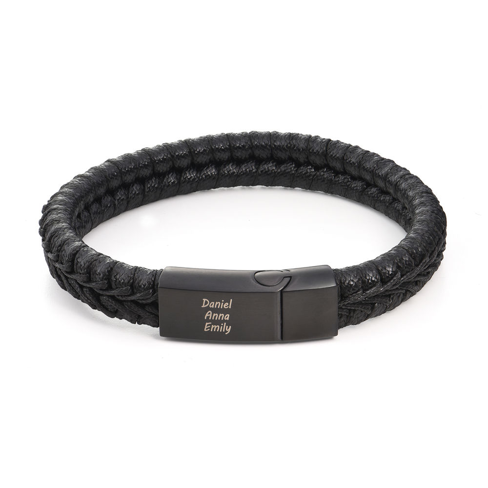 Men Flat Black Leather Braided Bracelet