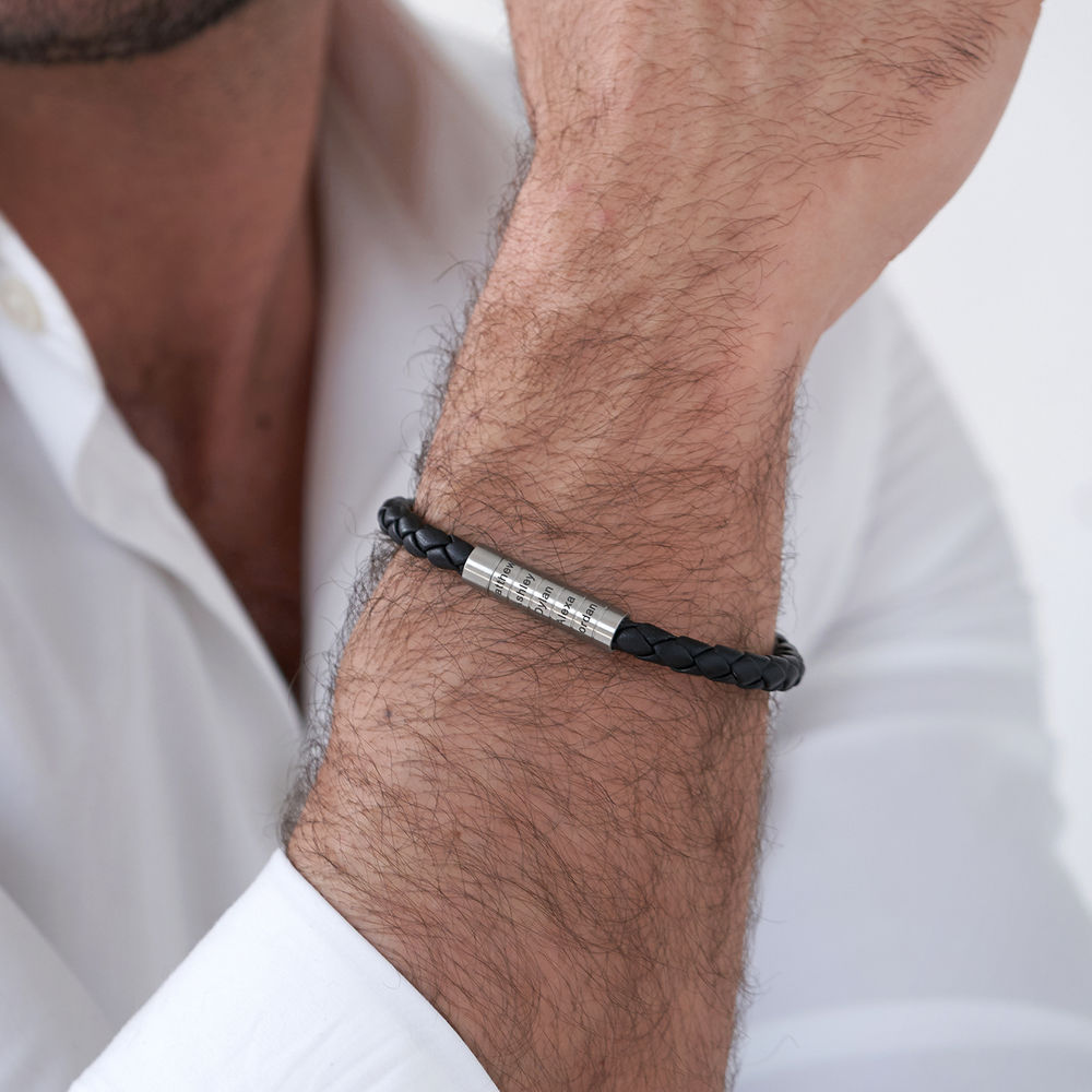 Engraved Braided Leather Men Bracelet in Black - 4 product photo