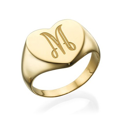 Heart Shaped Signet Ring with Initial - Gold Plated