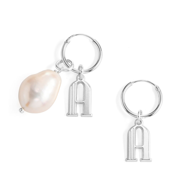 Initial Letter Earrings with Hanging Baroque Pearl in Sterling Silver - 1 product photo