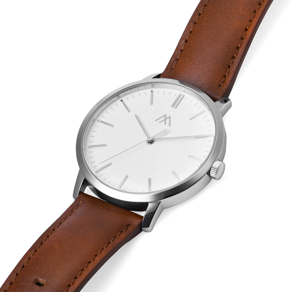 Hampton Minimalist Brown Leather Band Watch for Men with White Dial - 1
