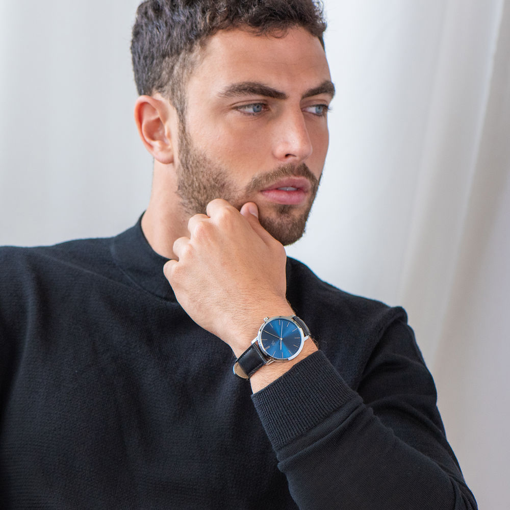 Hampton Minimalist Black Leather Band Watch for Men with Blue Dial - 5 product photo