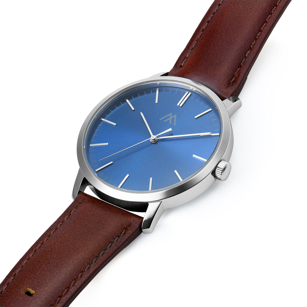 Hampton Minimalist Brown Leather Band Watch for Men with Blue Dial - 1
