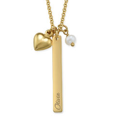 Bar Necklace with heart Charm and Pearl in Gold Plating product photo