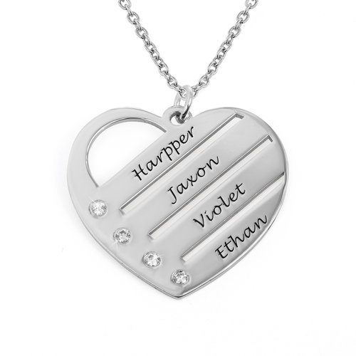 Heart Necklace with Engraved Names with Diamond in Sterling Silver product photo