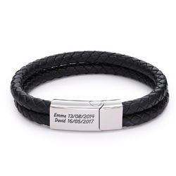 Engraved Bracelet for Men in Stainless Steel and Black Leather product photo