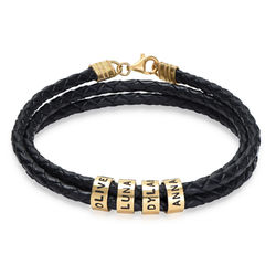 Men Braided Leather Bracelet with Small Custom Beads in Gold Plating product photo